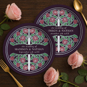Silver Eggplant Mediaeval Floral Sword Wedding Paper Plate