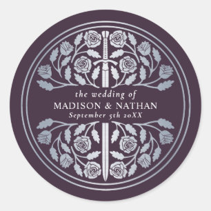 Silver Eggplant Royal Medieval Sword Wedding  Classic Round Sticker