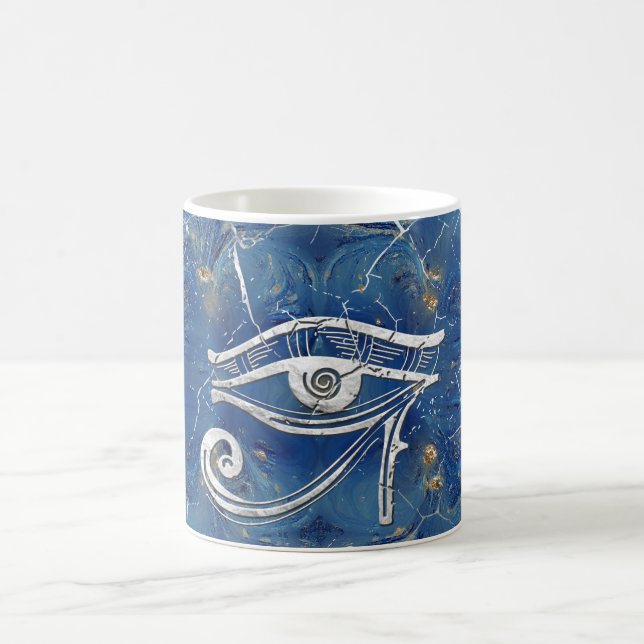 Silver Egyptian Eye of Horus  on blue marble Coffee Mug (Center)
