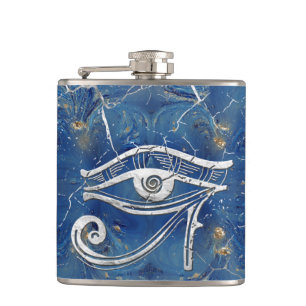 Silver Egyptian Eye of Horus  on blue marble Hip Flask