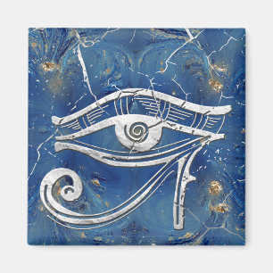 Silver Egyptian Eye of Horus on blue marble Magnet