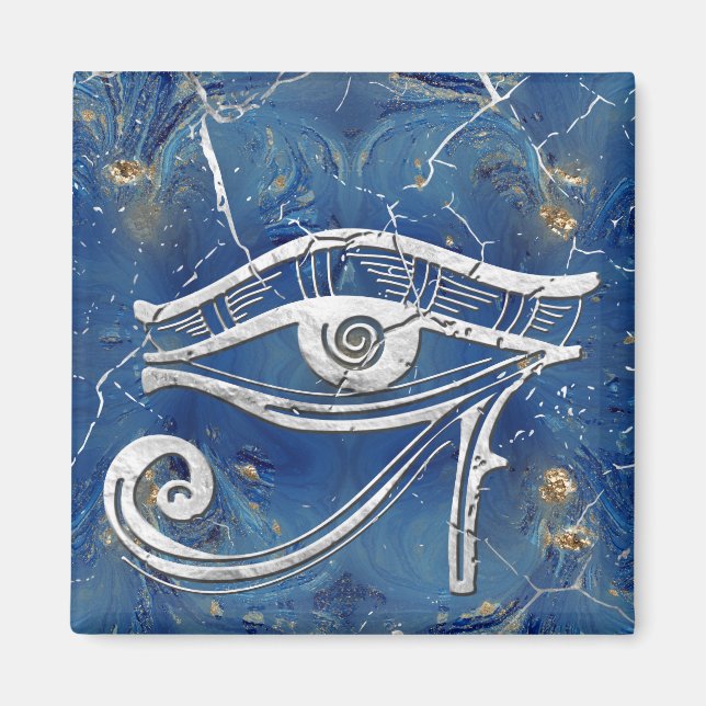 Silver Egyptian Eye of Horus  on blue marble Magnet (Front)