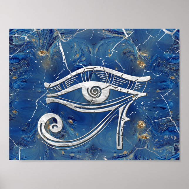 Silver Egyptian Eye of Horus  on blue marble Poster (Front)