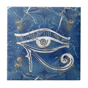 Silver Egyptian Eye of Horus  on blue marble Tile