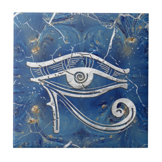 Silver Egyptian Eye of Horus  on blue marble Tile (Front)