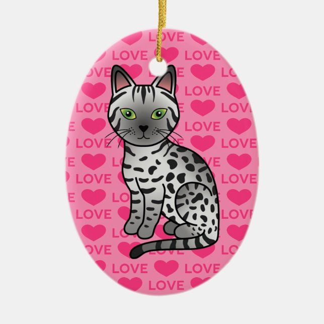 Silver Egyptian Mau Cat Illustration Ceramic Tree Decoration (Front)