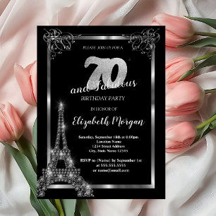 Silver Eiffel Tower,Border Black 70th Birthday Invitation