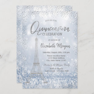 Silver Eiffel Tower Confetti Bokeh Quinceañera Invitation