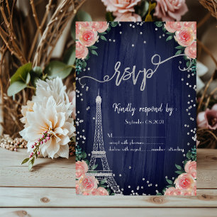 Silver Eiffel Tower Diamonds Floral Navy Blue RSVP Invitation