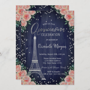 Silver Eiffel Tower Diamonds Flowers Quinceañera Invitation