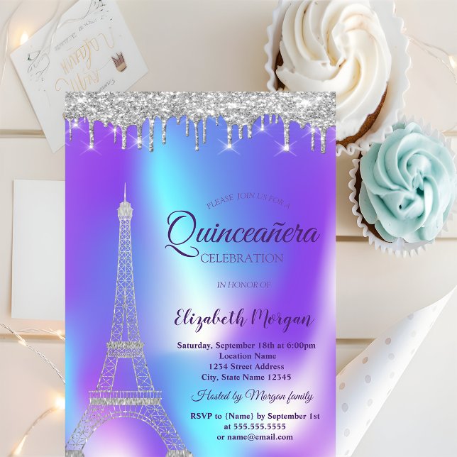Silver Eiffel Tower,Drips Holographic Quinceañera Invitation (Creator Uploaded)