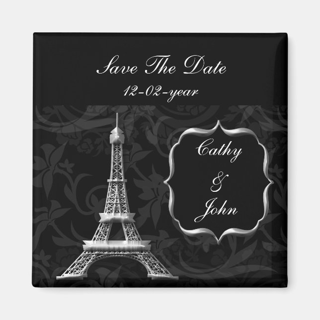 silver Eiffel Tower French wedding Save the Date Magnet (Front)