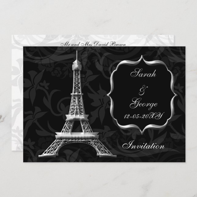 silver eiffel tower Paris wedding invitation (Front/Back)