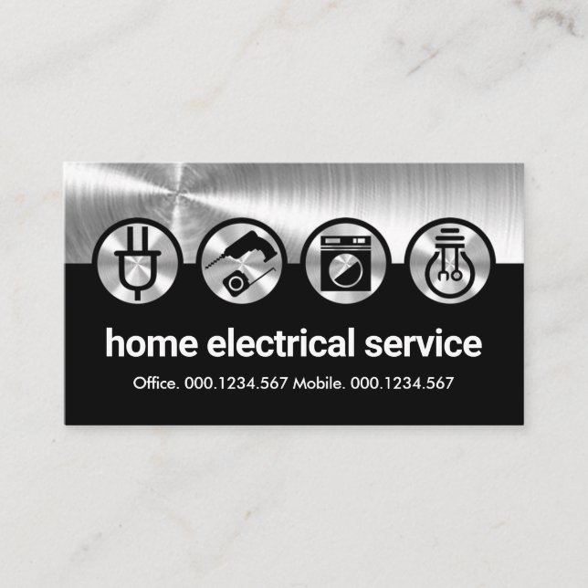 Silver Electrical Icons On Black Business Card (Front)