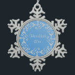 Silver Elegance Blue Hanukkah Snowflake Pewter Christmas Ornament<br><div class="desc">Lovely scroll design in silver over a blue gradient background.  Customise the year.</div>