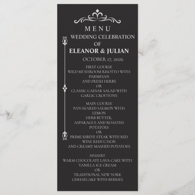 Silver Elegance Collection Wedding Menu Card (Front)