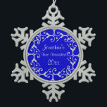 Silver Elegance First Hanukkah Snowflake Ornament<br><div class="desc">Lovely scroll design in silver over a bright royal blue background.  Customise the text.</div>