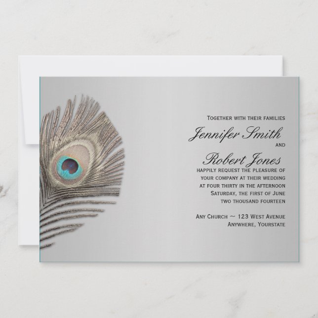 Silver Elegance Peacock Wedding Invitation (Front)