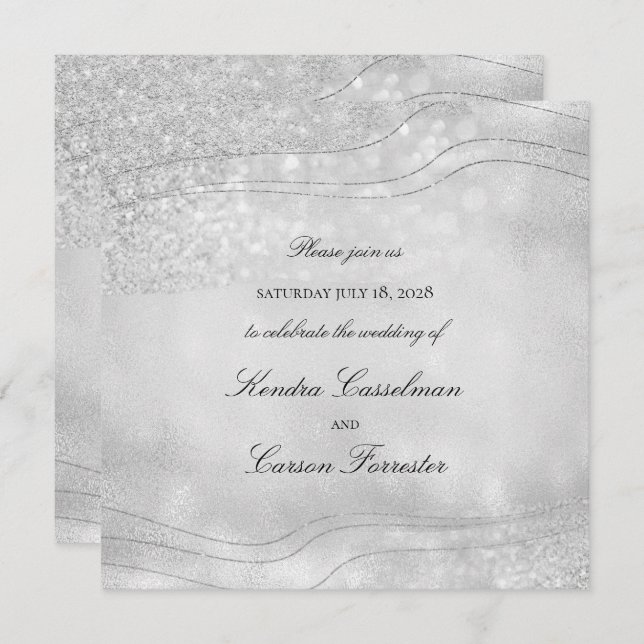 Silver Elegance Sparkling Modern Square Wedding Invitation (Front/Back)