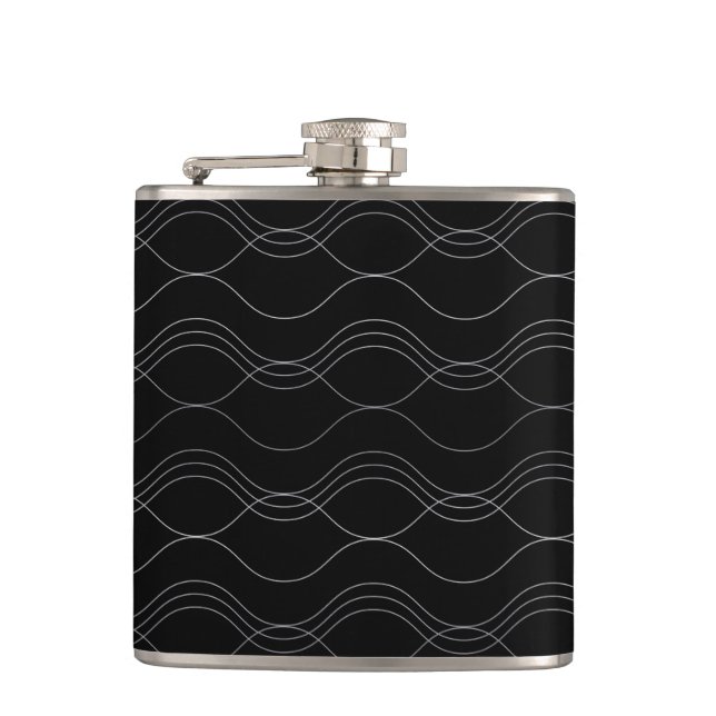 Silver, elegant, cool, modern, simple wavy pattern hip flask (Front)
