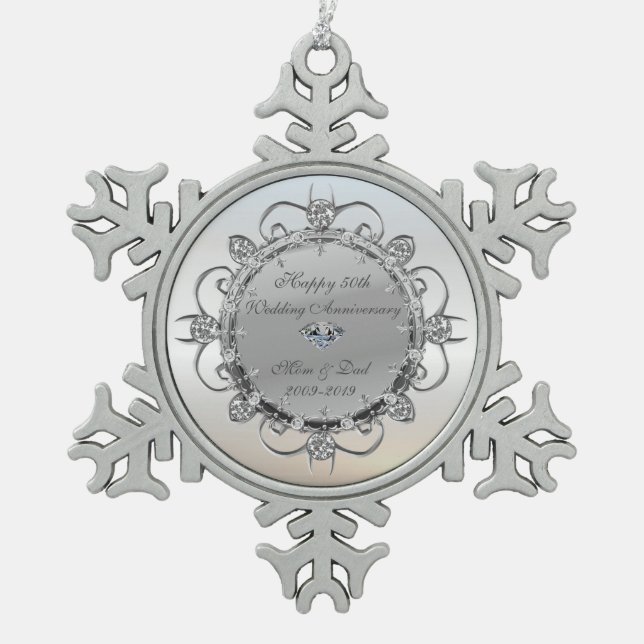 Silver Elegant Diamonds 50th Wedding Anniversary Snowflake Pewter Christmas Ornament (Front)