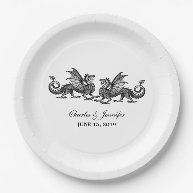 Silver Elegant Dragons Wedding Paper Plates (Front)