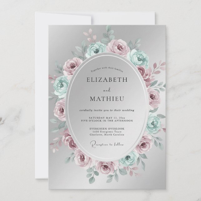 Silver Elegant Floral Wedding Invitation (Front)