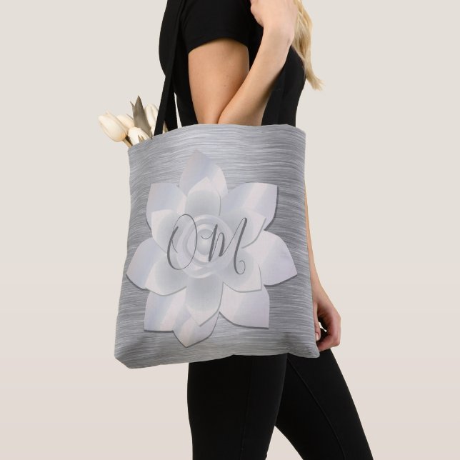 Silver Elegant Lotus OM Tote Bag (Close Up)