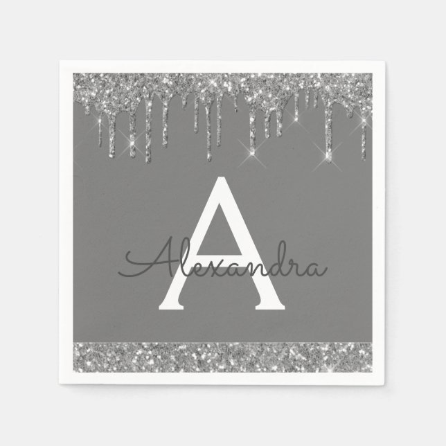 Silver Elegant Modern Monogram Birthday Napkin (Front)