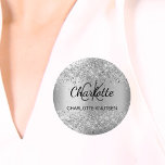 Silver elegant name tag 3 cm round badge<br><div class="desc">A faux silver looking background decorated with confetti. Personalise and add your monogram initials,  first name and full name.</div>