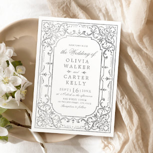 Silver elegant ornate romantic vintage wedding invitation