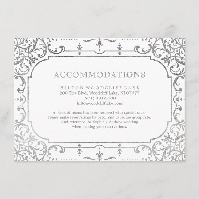 Silver elegant ornate vintage accommodation enclosure card (Front)