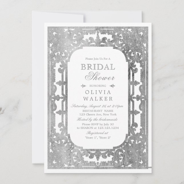 Silver elegant ornate vintage bridal shower invitation (Front)