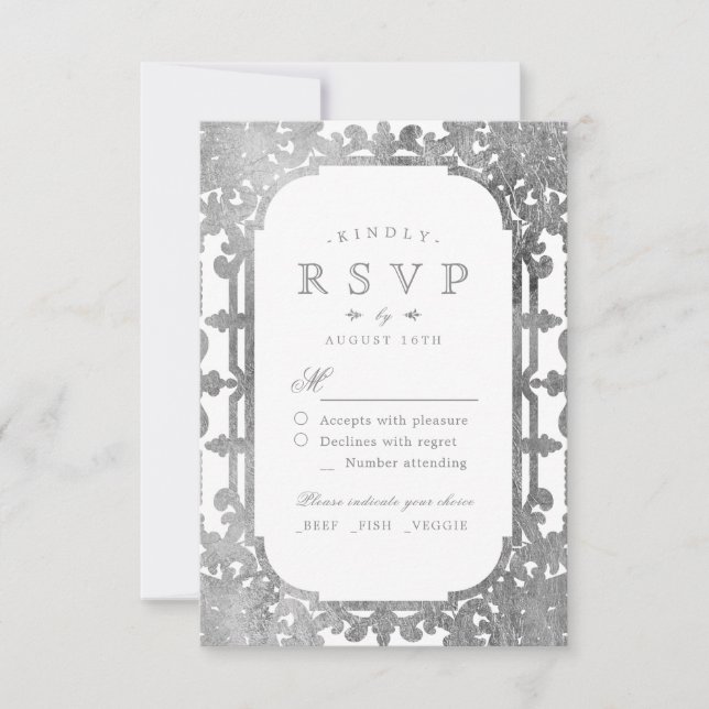 Silver elegant ornate vintage wedding RSVP (Front)