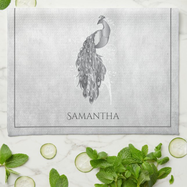 Silver Elegant Peacock Kitchen Towel (Folded)