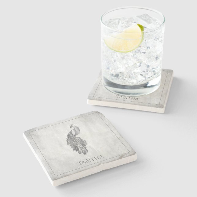 Silver Elegant Peacock Personalised Stone Coaster (Side)
