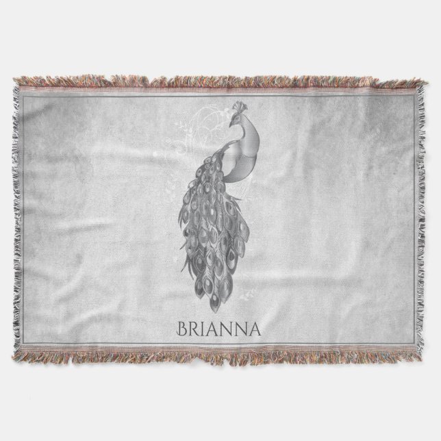 Silver Elegant Peacock Personalised Throw Blanket (Front)