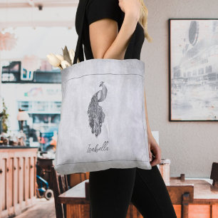 Silver Elegant Peacock Personalised Tote Bag