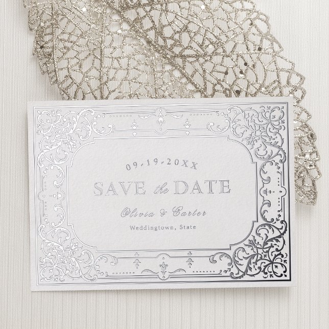 Silver elegant romantic ornate vintage wedding (Silver elegant romantic ornate vintage wedding foil invitation)