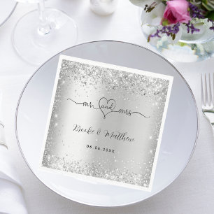 Silver elegant script mr mrs heart wedding napkin
