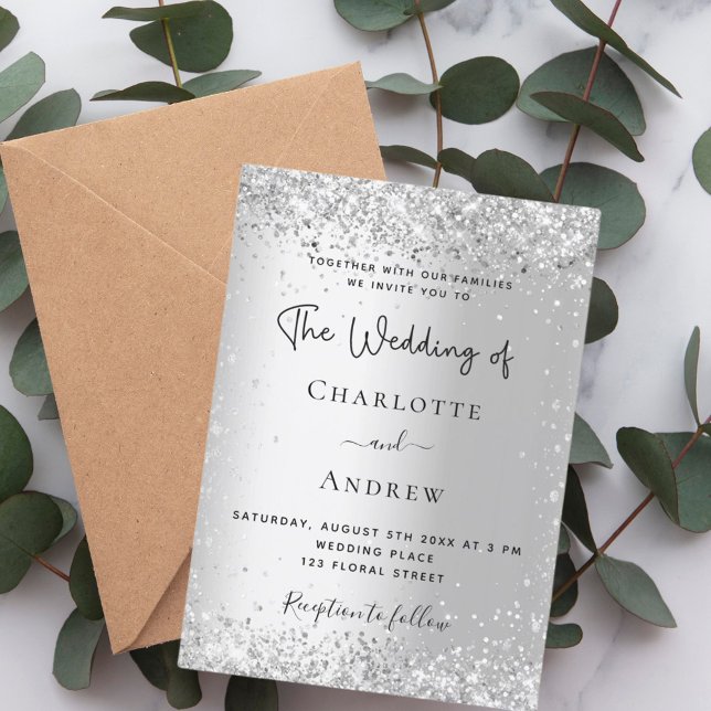 Silver elegant sparkles script wedding invitation (Creator Uploaded)