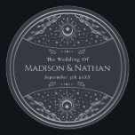 Silver Elegant Tarot Wedding Classic Round Sticker<br><div class="desc">Elegant and modern wedding design inspired by a tarot card. Design is not real foil. You can customise this further by clicking on the "PERSONALIZE" button. Matching Items in our shop for a complete party theme. For further questions please contact us at ThePaperieGarden@gmail.com</div>