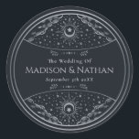 Silver Elegant Tarot Wedding Classic Round Sticker<br><div class="desc">Elegant and modern wedding design inspired by a tarot card. Design is not real foil. You can customise this further by clicking on the "PERSONALIZE" button. Matching Items in our shop for a complete party theme. For further questions please contact us at ThePaperieGarden@gmail.com</div>