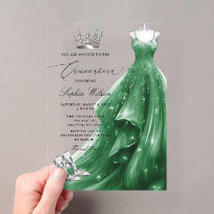 Silver Emerald Dress Princess Quinceañera Acrylic Invitations
