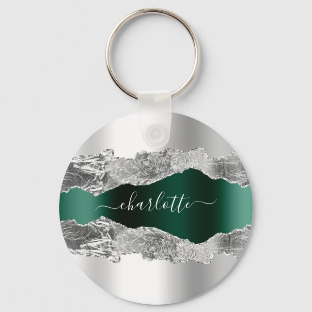 Silver emerald green agate marble name key ring (Front)