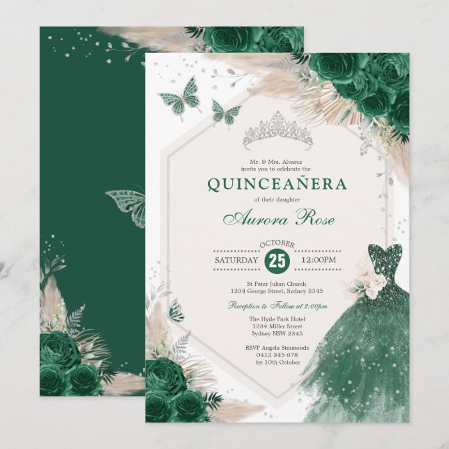 Silver Emerald Green Boho Roses Quinceañera Party Invitation (Front/Back)