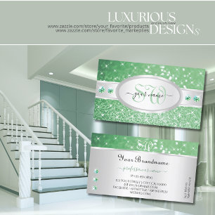 Silver Emerald Green Glitter Rhinestones Monogram Business Card