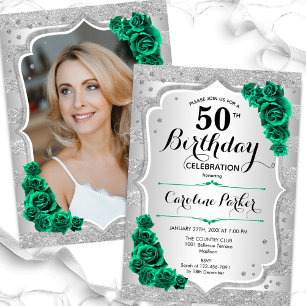 Silver Emerald Green Photo 50th Birthday Invitation