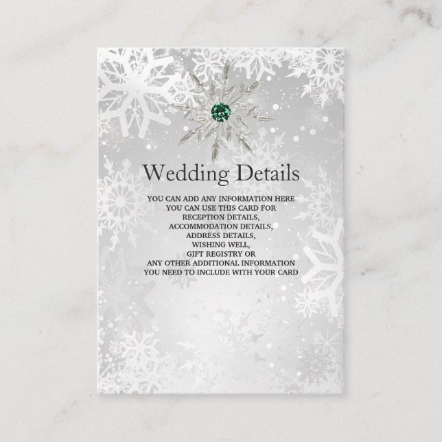 silver Emerald Green snowflakes Wedding  Enclosure Card (Front)