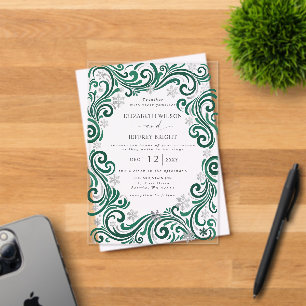 Silver Emerald Green Snowflakes Winter Wedding Acrylic Invitations